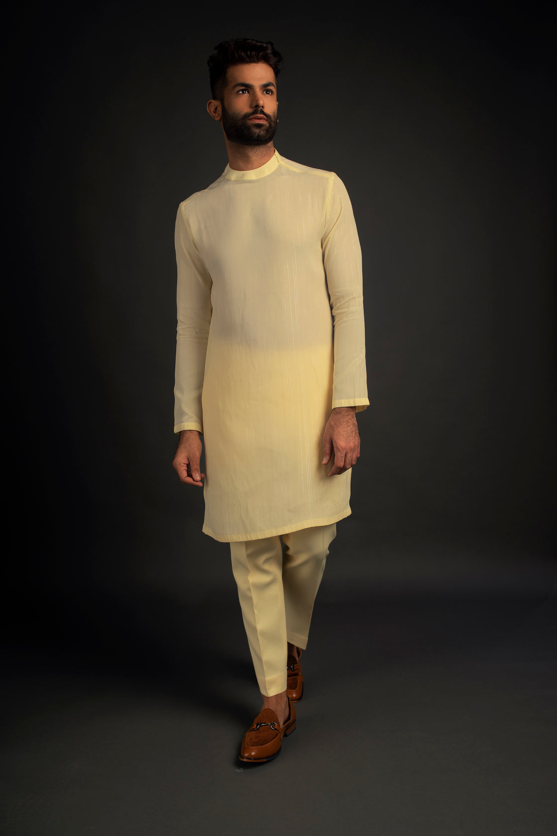 Pastel Yellow Open Jacket, Kurta, & Trousers