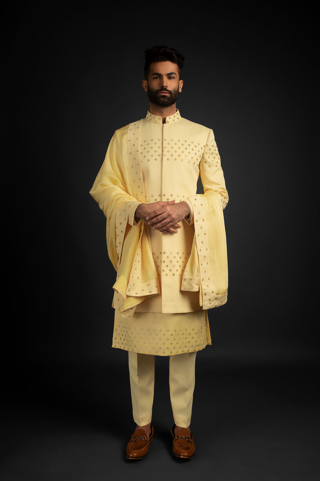 Pastel Yellow Achkan, Kurta, Shawl, & Trousers – primaczar