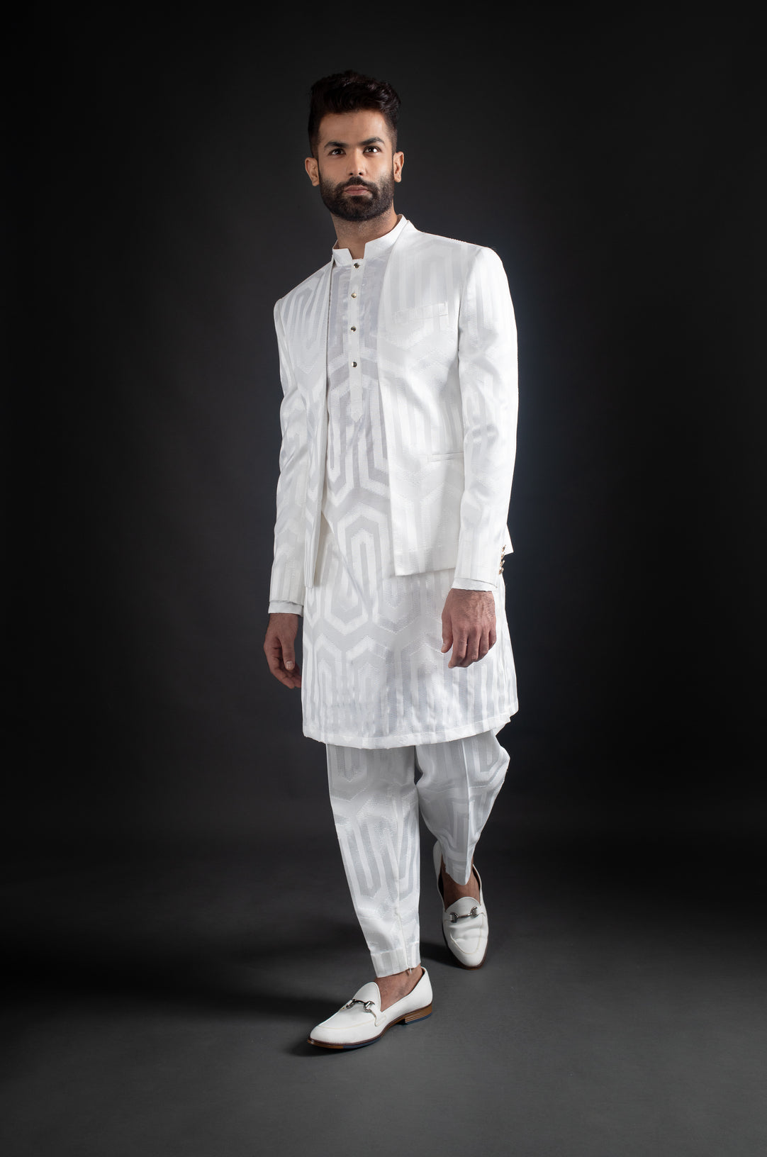 White Open Jacket, Kurta, & Trousers