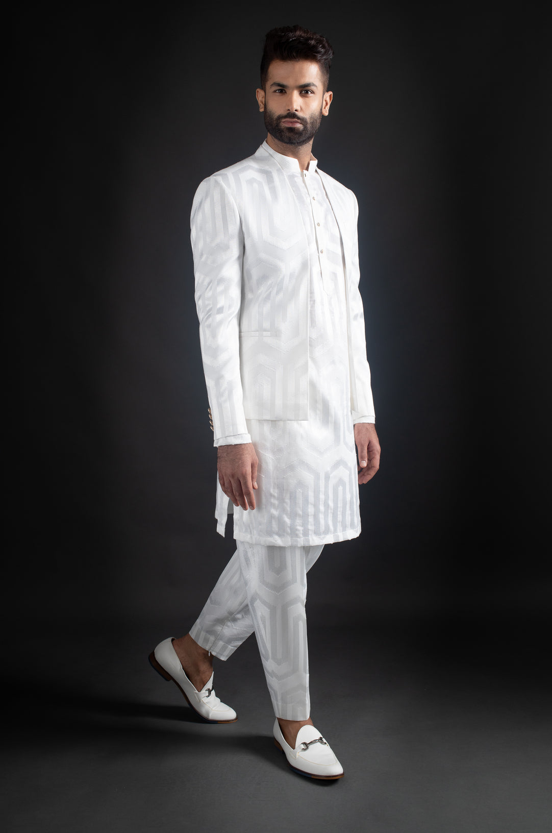 White Open Jacket, Kurta, & Trousers