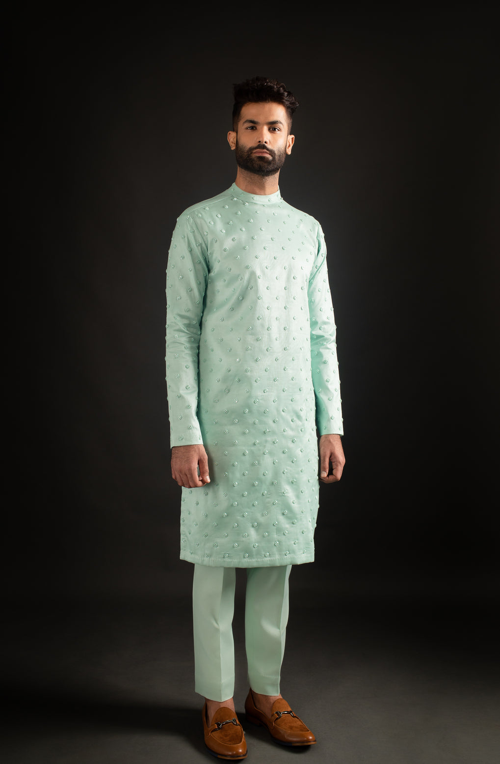 Seafoam Green Open Jacket, Kurta, & Trousers