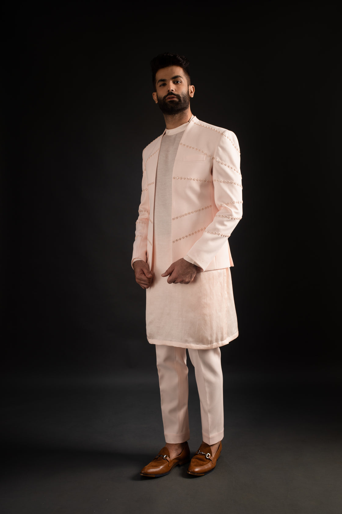 Peach Open Jacket, Kurta, Trousers - Main Image