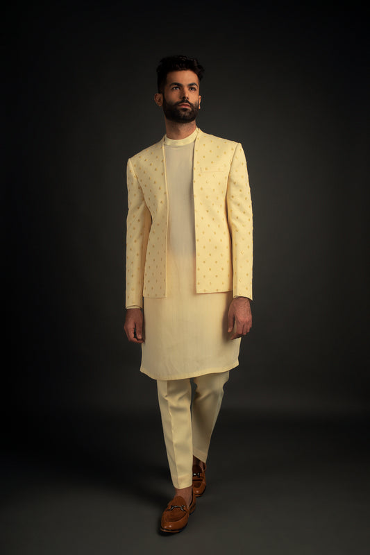 Pastel Yellow Open Jacket, Kurta, & Trousers