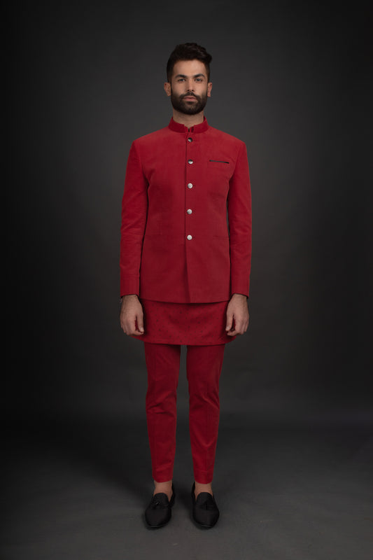 Red Bandhgala, Kurta, & Trousers