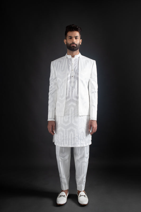White Open Jacket, Kurta, & Trousers