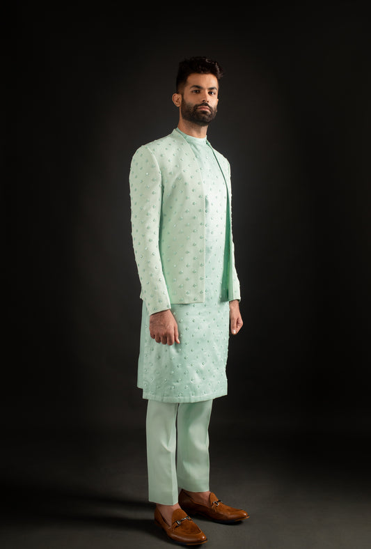 Seafoam Green Open Jacket, Kurta, & Trousers