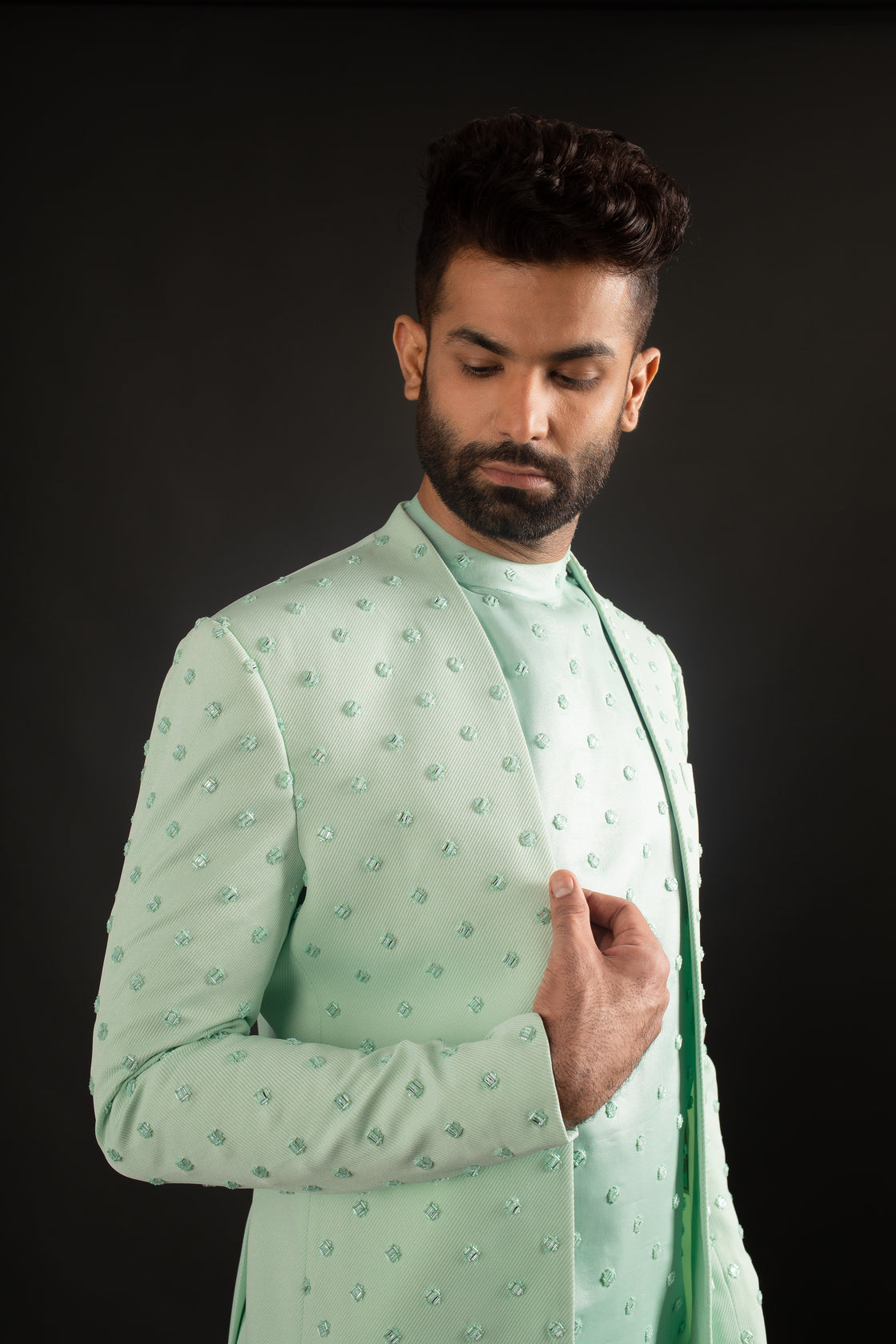 Buy Buy Men's Pista Green Art Silk Embroidered Kurta Pajama Jacket Set  Online - (4355) — Karmaplace