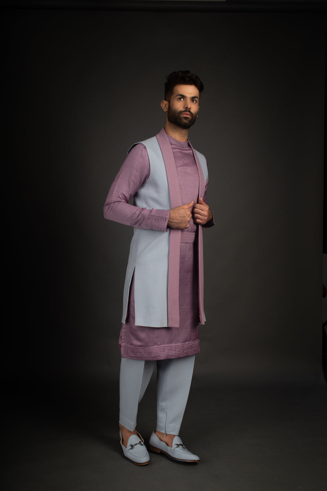 Buy Draped Style Front Open Jacket with Front Open Kurta and Trousers by  QBIK MEN at Ogaan Online Shopping Site